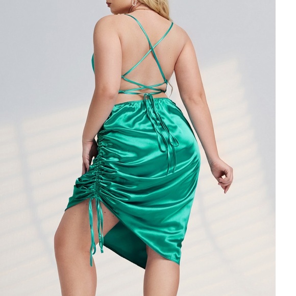New- Satin Plus Midi Lace Up Backless Drawstring Ruched Cami Dress - Picture 4 of 5